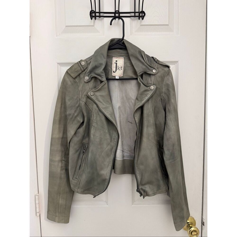 jkt Jackett NYC 100% Genuine Leather Moto Jacket Size Medium Green Zippers - Picture 2 of 8